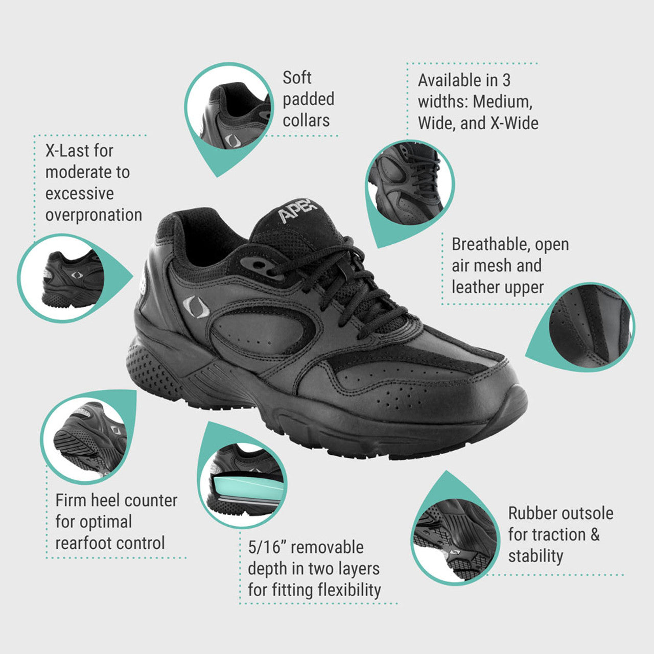 APEX Orthopedic Footwear (Men's Lace Walking Shoe - Black or White/Grey)